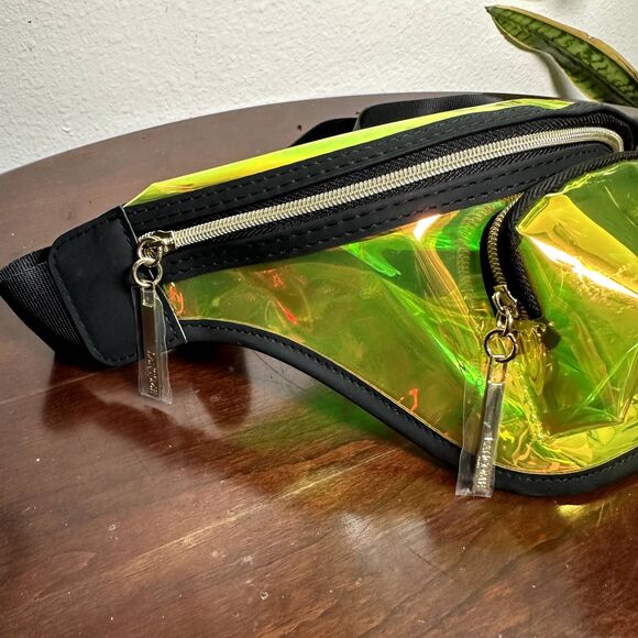 Lancome Neon Yellow Holographic Fanny Pack Festival Belt Bag 11"x6" Adjustable - Picture 3 of 5